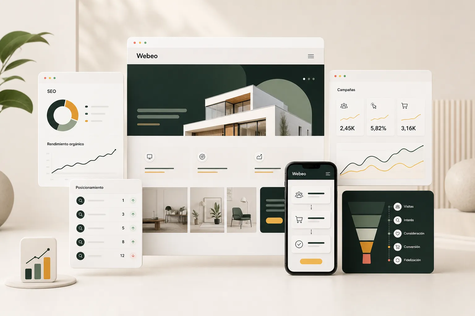 Mockups de webs, SEO, campañas y embudos de conversión creados por Webeo.